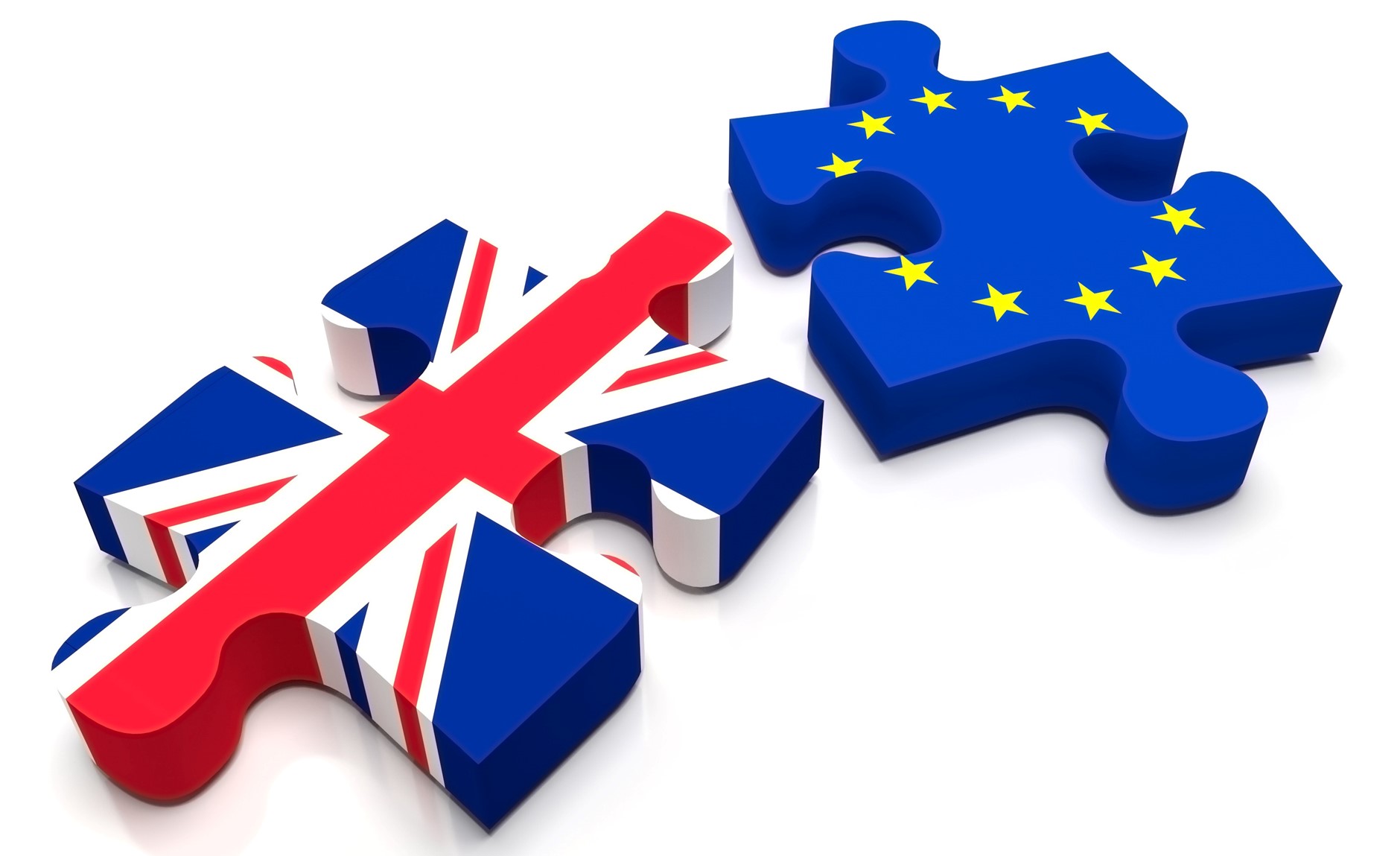 A picture of two puzzle pieces, one with the Union Jack the Other with the European Flag on it