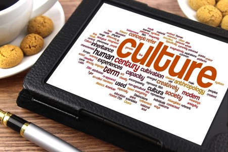 A tablet displaying a wordcloud about culture